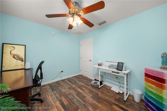 office featuring ceiling fan and dark hardwood / wood-style floors