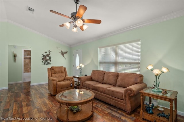 living room with ceiling fan, dark wood-type flooring, and ornamental molding