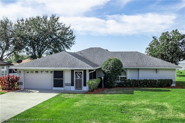 ranch-style home with a garage and a front yard