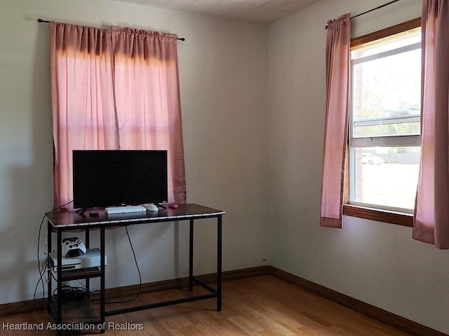 home office featuring wood finished floors, a wealth of natural light, and baseboards