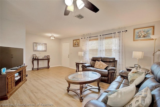 living room featuring ceiling fan and light hardwood / wood-style flooring