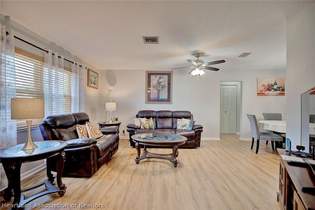 living room with ceiling fan and light wood-type flooring