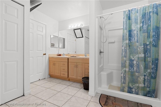 2433 N Highlands Blvd, Avon Park, FL 33825 - bathroom featuring tile patterned floors, a shower stall, and double vanity