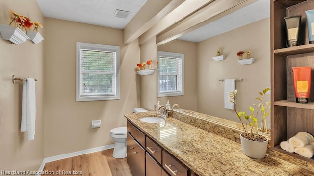 bathroom with wood-type flooring, vanity, and toilet