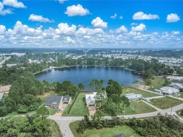 bird's eye view with a water view