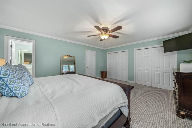 carpeted bedroom with multiple closets, ceiling fan, and crown molding