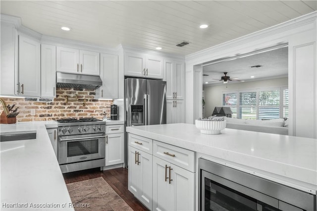 kitchen featuring ceiling fan, white cabinetry, stainless steel appliances, and dark wood-type flooring