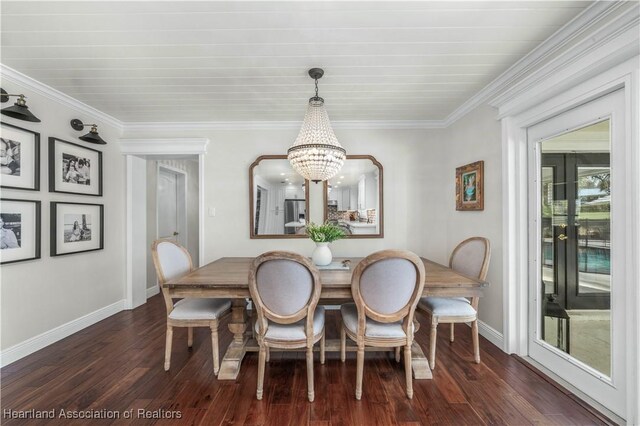 dining area featuring dark hardwood / wood-style flooring, ornamental molding, and an inviting chandelier