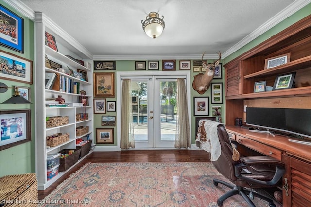 home office with french doors, a textured ceiling, dark wood-type flooring, and crown molding