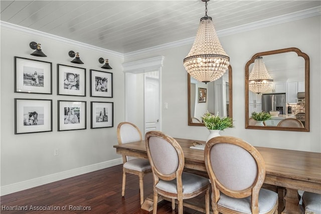 dining area featuring dark hardwood / wood-style floors, an inviting chandelier, crown molding, and wood ceiling