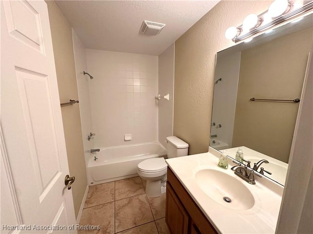 full bath featuring vanity, visible vents, bathtub / shower combination, tile patterned flooring, and toilet