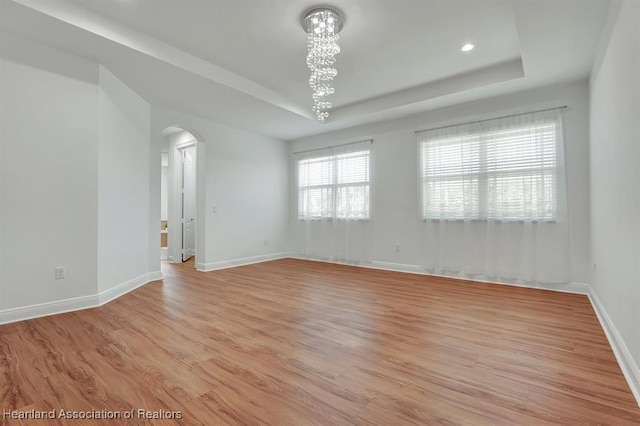 empty room with light hardwood / wood-style floors and a raised ceiling