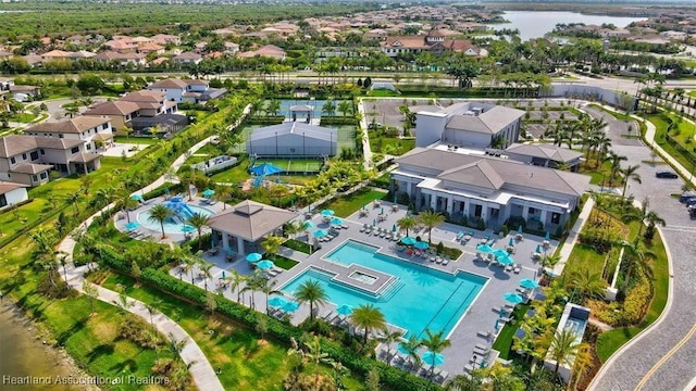 bird's eye view with a water view