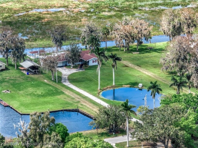 aerial view featuring a water view