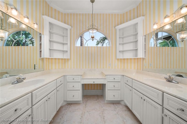 bathroom with plenty of natural light, built in shelves, and tile patterned floors