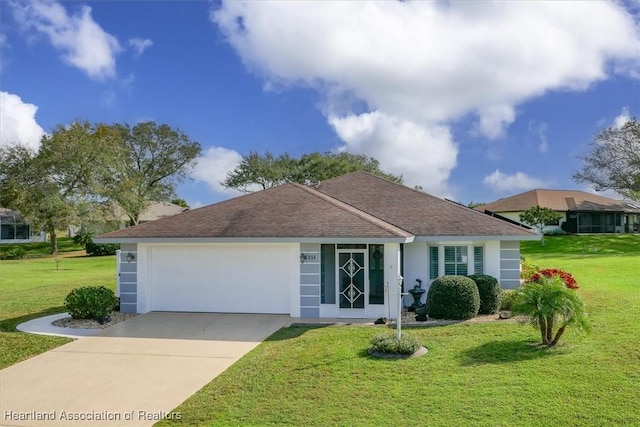 ranch-style home with a garage and a front yard