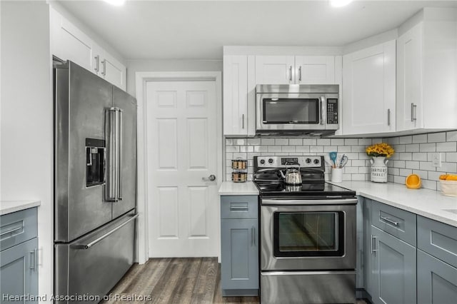 kitchen with gray cabinetry, white cabinetry, and appliances with stainless steel finishes