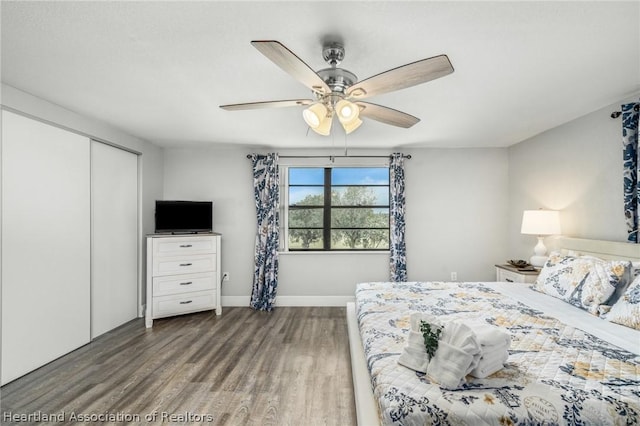 bedroom featuring wood-type flooring, a closet, and ceiling fan