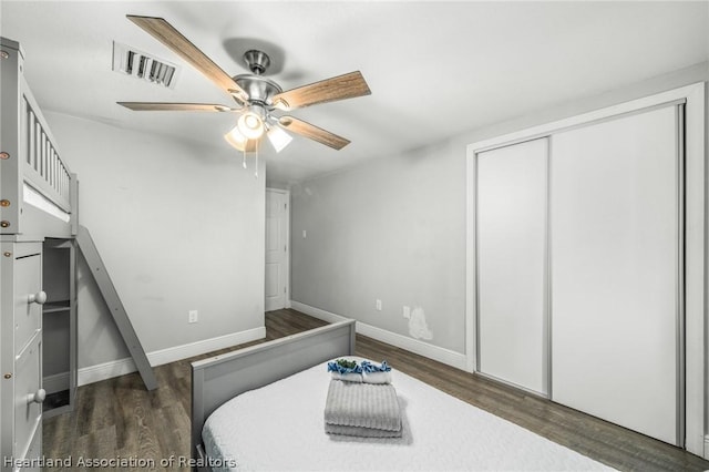 bedroom featuring ceiling fan, a closet, and dark hardwood / wood-style floors