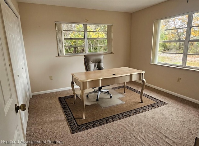 home office featuring carpet flooring and a healthy amount of sunlight