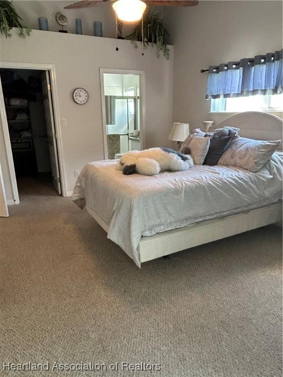 bedroom featuring carpet floors, a ceiling fan, and ensuite bathroom