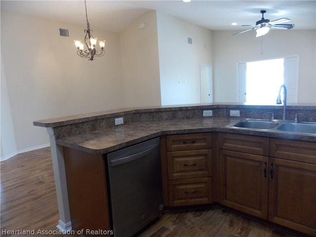 kitchen featuring dishwasher, dark hardwood / wood-style flooring, sink, and ceiling fan with notable chandelier