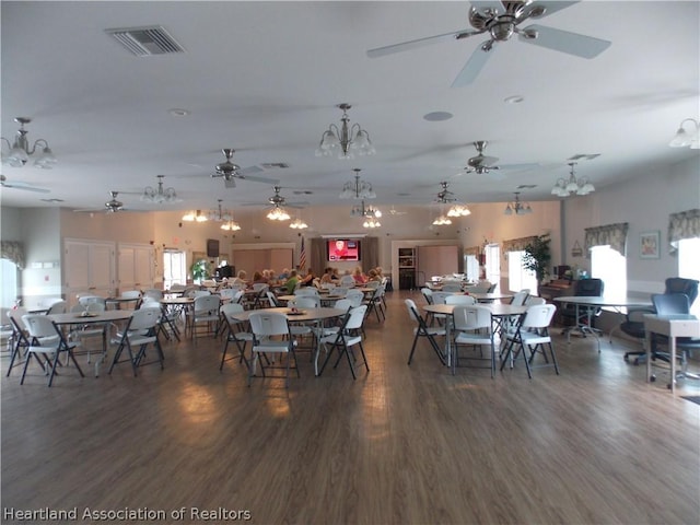 dining room featuring ceiling fan, dark hardwood / wood-style flooring, and a wealth of natural light