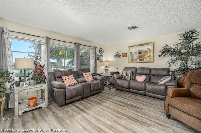 living room with light wood-type flooring and a textured ceiling