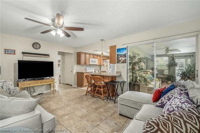 living room with a textured ceiling and ceiling fan