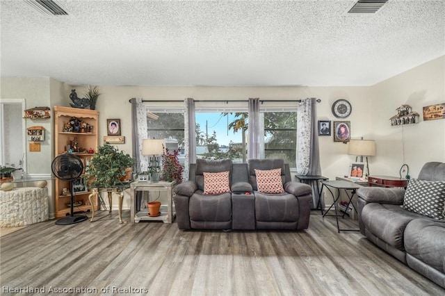 living room with a textured ceiling and hardwood / wood-style flooring