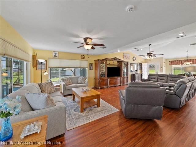 123 Harry Lee Rd, Lake Placid, FL 33852 - living room featuring hardwood / wood-style floors, vaulted ceiling, and ceiling fan