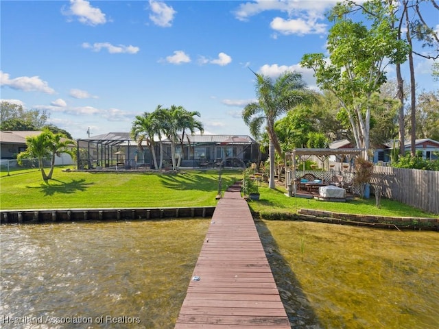 123 Harry Lee Rd, Lake Placid, FL 33852 - dock area with a pergola, a yard, a lanai, and a water view
