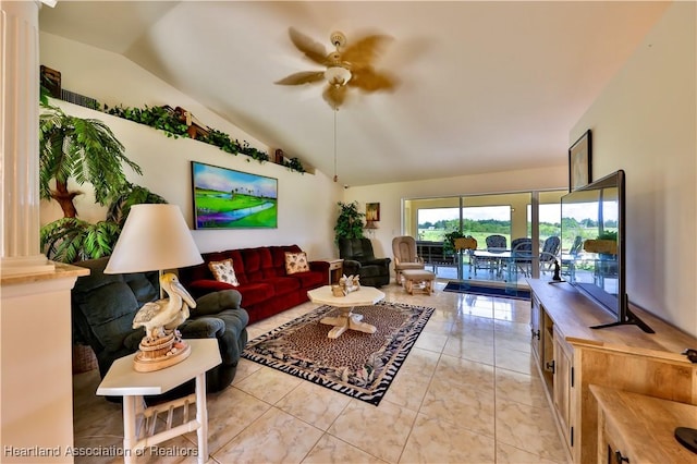 living area featuring decorative columns, lofted ceiling, and a ceiling fan