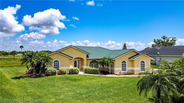 single story home featuring a front lawn and stucco siding