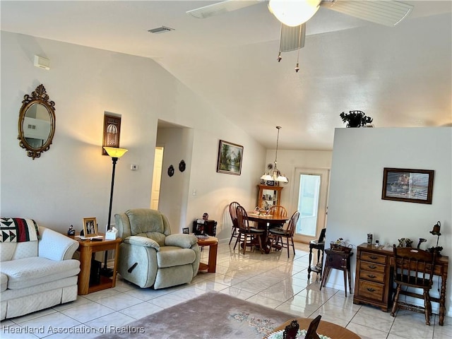 tiled living room featuring vaulted ceiling and ceiling fan