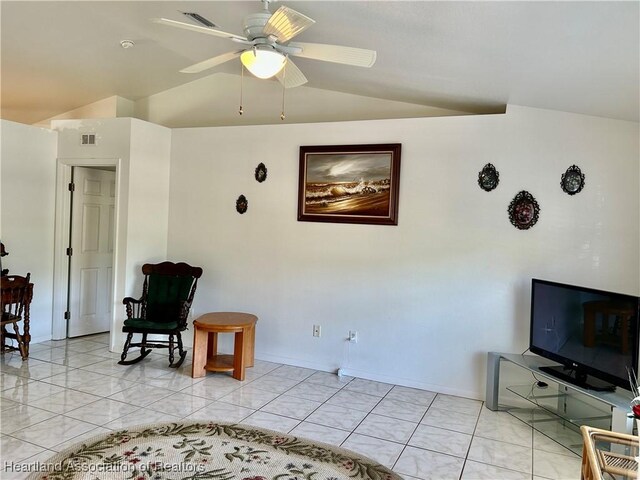 home office with ceiling fan and light tile patterned floors