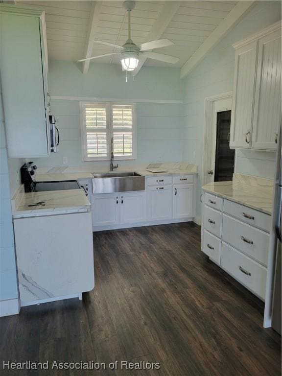 kitchen with white cabinetry, sink, electric range oven, vaulted ceiling with beams, and dark hardwood / wood-style floors