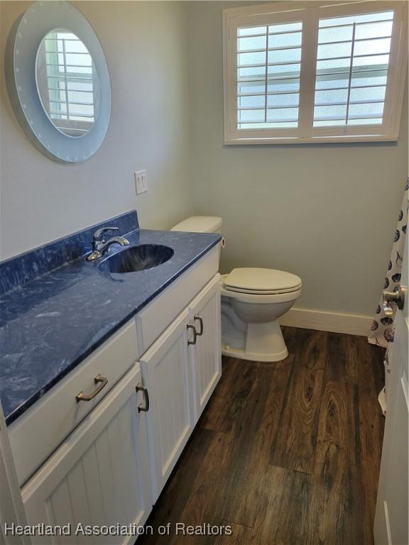 bathroom with hardwood / wood-style floors, vanity, and toilet