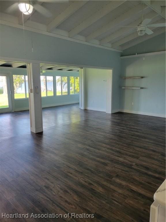 unfurnished living room featuring lofted ceiling with beams, ceiling fan, and dark wood-type flooring