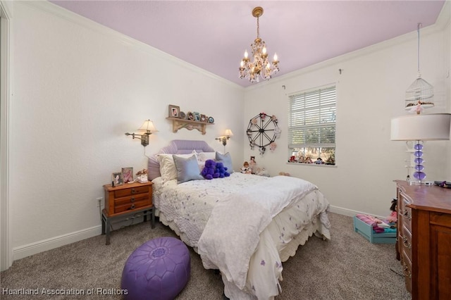 bedroom with ornamental molding, carpet, and a notable chandelier