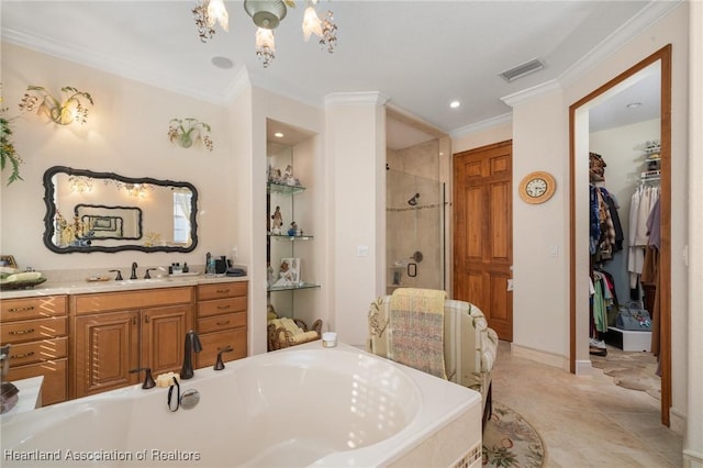 bathroom with vanity, tile patterned flooring, crown molding, and independent shower and bath