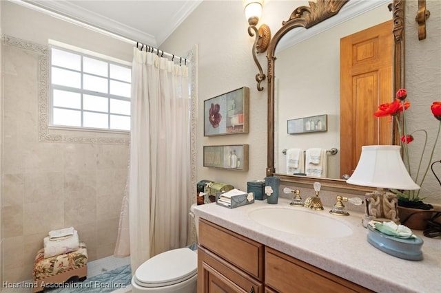 bathroom with crown molding, vanity, toilet, and walk in shower