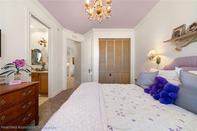 carpeted bedroom with a notable chandelier, ornamental molding, and a closet