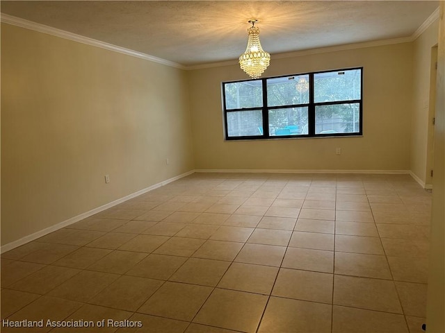 unfurnished room featuring light tile patterned flooring, crown molding, and an inviting chandelier