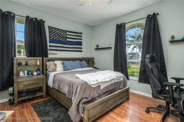 bedroom featuring multiple windows, wood-type flooring, and ceiling fan