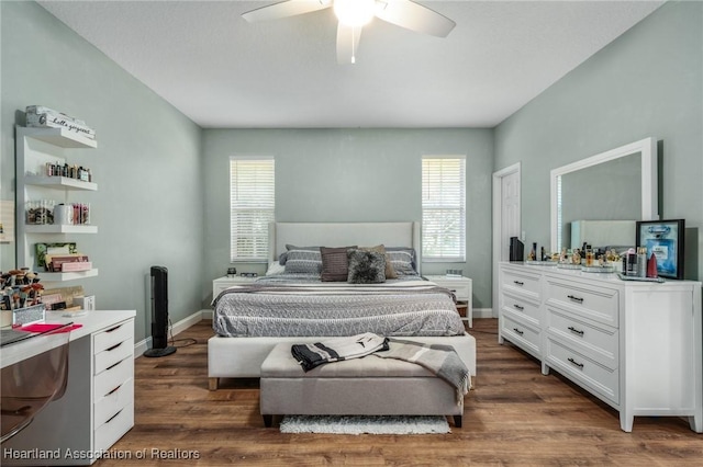 bedroom featuring ceiling fan, dark hardwood / wood-style flooring, and multiple windows