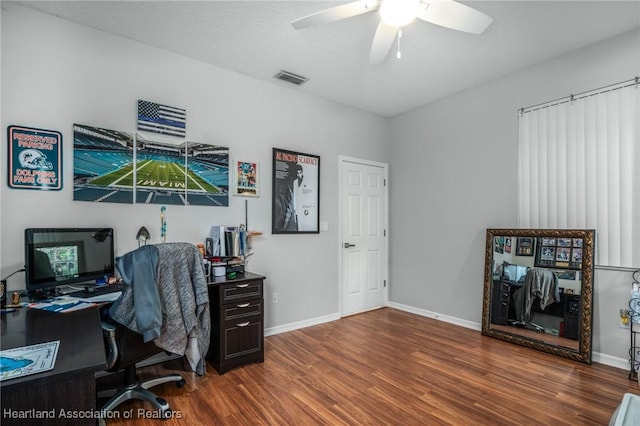 office area with ceiling fan and dark wood-type flooring