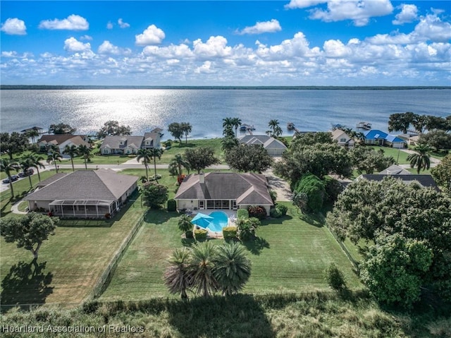 aerial view featuring a water view