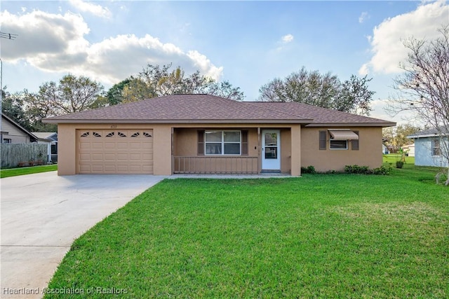 ranch-style home with a garage and a front yard