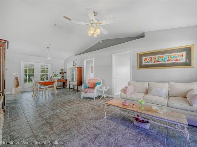 living area featuring visible vents, baseboards, ceiling fan, lofted ceiling, and french doors